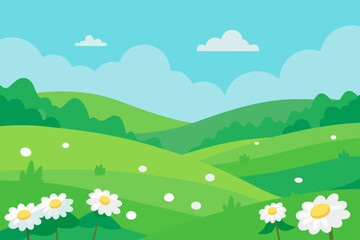 Obraz premium Cartoon landscape with daisies and rolling green hills