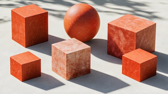 Minimalist red geometric shapes arrangement, simple forms, 3d render cubes and sphere, modern art