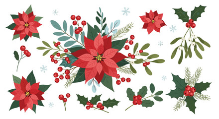 A beautiful festive arrangement of poinsettias holly and mistletoe for the holidays.