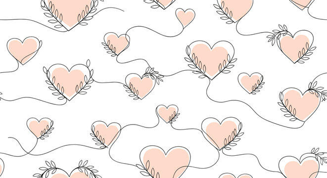 A playful pattern of hand drawn peach hearts connected by dashed lines.