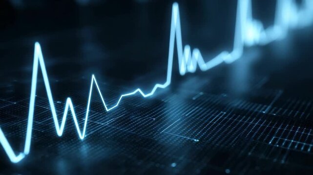Bright blue waveform line glowing over a dark digital grid background, designed in a futuristic style, representing data or heartbeat concept