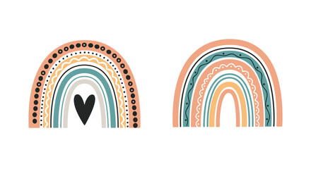 Bohemian style rainbows with hearts and patterned elements.