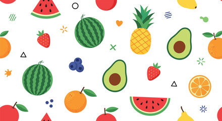 A colorful collection of pixelated fruits and geometric shapes on a white background.