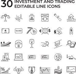 Set of investment and trading editable line icons representing stock market, forex, cryptocurrency, growth, finance, and economy concepts, perfect for financial apps, web, and presentation design.
