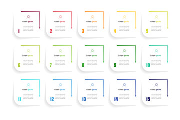 For business concept with 15 steps infographics, shape with multicolor label, design for workflow layout, diagram, annual report, web design. vector illustration