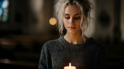 Young woman with eyes closed holding a lit candle in a dimly lit reflective indoor setting