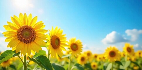 Obraz premium Sunflowers Basking in Golden Sunlight A Dazzling Display of Yellow Petals Against a Clear Blue Sky, Perfect for Summer, Autumn, or Harvest Themes.