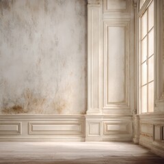 Elegant Vintage Interior: A glimpse into a classic architectural interior, showcasing intricate wall paneling, a textured wall, and natural light streaming through a window.