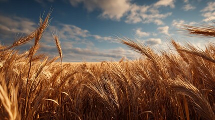 Golden Wheat Field Under a Blue Sky with Fluffy Clouds on a Sunny Day