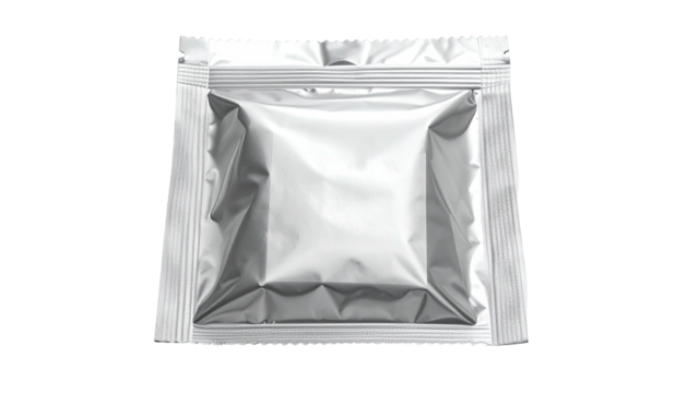 A sealed, square pouch of silver foil nestled in a larger, sealed clear packet