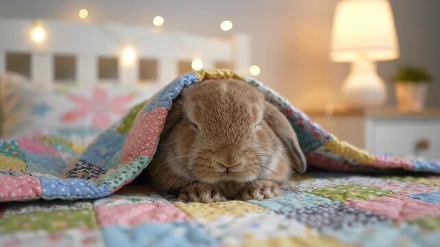 Cute Bunny Relaxing Under Colorful Quilt on a Bed in a Bright Room at Night