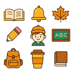 Flat autumn school icons in warm colors including student, leaf, pencil, backpack, coffee cup, and book. Ideal for education materials, seasonal posters, and digital design projects.