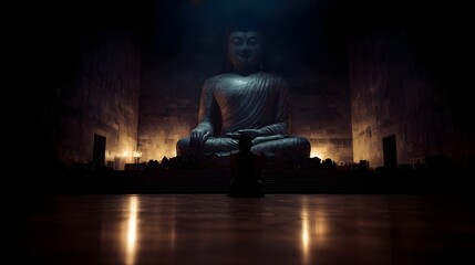 A lone figure kneels in prayer before a monumental Buddha statue in a dimly lit atmospheric temple
