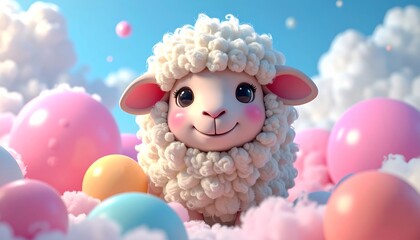 Cute and funny cartoon illustration of a baby lamb on a farm