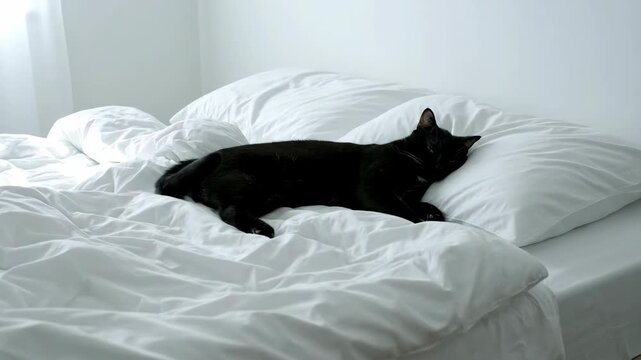 Black Cat Napping Comfortably on White Bed in Bedroom During Daytime