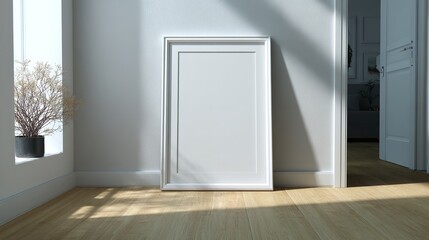 Elegant Interior Scene with Blank White Frame, Dried Plant, Open Doorway, and Natural Light