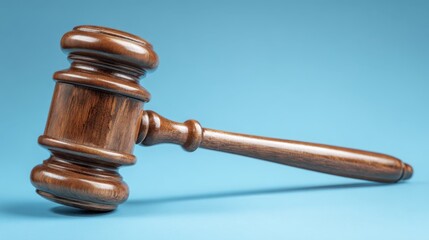 Close-up of a wooden judge gavel lying on a blue representing law and justice concepts
