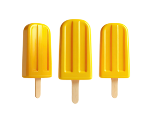 Three vibrant yellow popsicles on wooden sticks, isolated on a black background