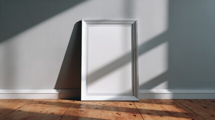 Modern White Frame Leaning Against a Wall on a Wooden Floor with Sunlight Effect