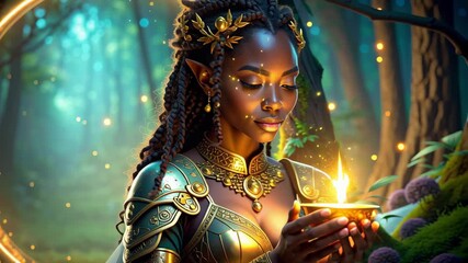 Graceful elf priestess with glowing bowl in mystical forest, surrounded by enchanting light and beauty of natures magic - Powered by Adobe