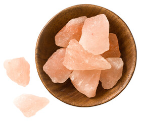 Himalayan Pink Salt in the wooden bowl, isolated on white background, top veiw.