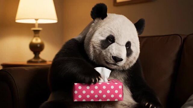 Sad Panda Needs a Tissue in Cozy Living Room on Evening Sofa, Resting