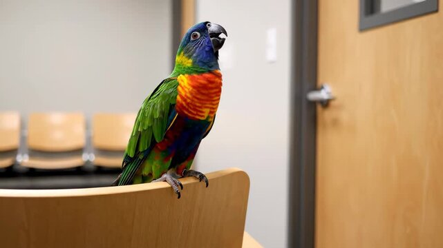 Lorikeet Resting on a Chair in a Waiting Room During the Day