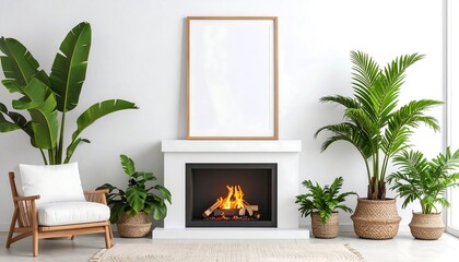 Modern living room with fireplace, plants, and art
