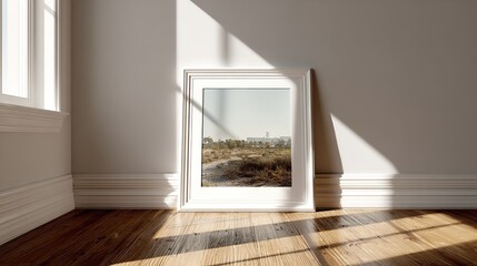 Serene Interior Scene: Picture Frame with Desert Landscape Leaning Against Wall on Wood Floor