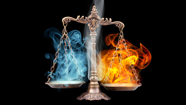 Scales of justice with fire and ice representing balance and contrast in life choices