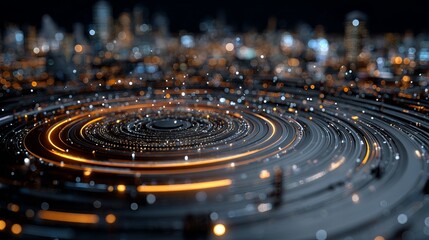 Fototapeta premium Dynamic digital network flows through futuristic city lights, representing data and innovation