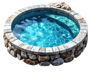 Round spa or pool with stone edging, filled with shimmering turquoise water