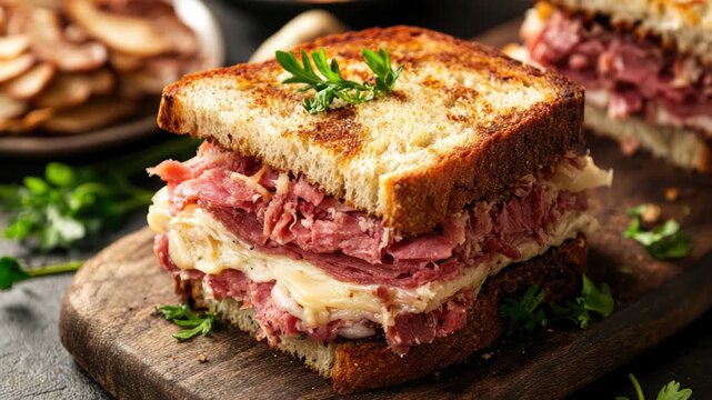 Hearty sandwich with layers of corned beef and melted cheese on toasted bread garnished parsley
