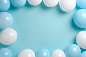 Pastel colors balloons on blue background, space for text.