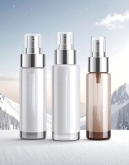 Three spray bottles,  white,  clear, and brown,  on snowy landscape