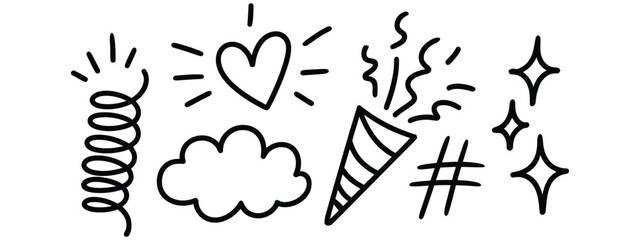 Hand drawn doodle elements for celebration and party with heart confetti and party popper