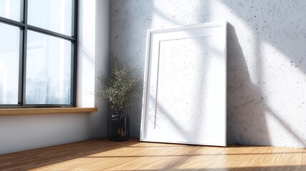 Clean Minimalist Interior with Empty White Frame and Sunny Window Displaying a Modern Design