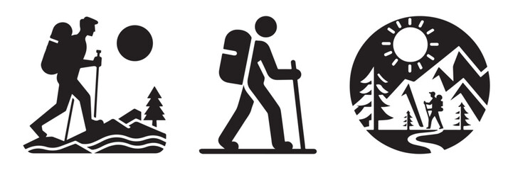 Modern Minimalist Hiking Icon, Flat Silhouette of an Outdoor Adventure Vector for Travel Illustration Design