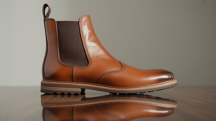 A brown leather chelsea boot with brogue detailing, isolated on a white background