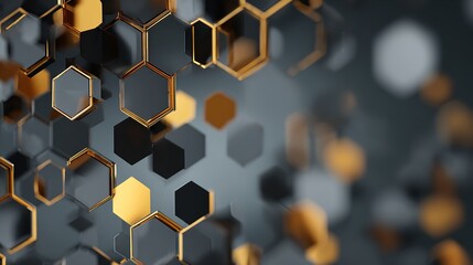 Abstract arrangement of gold framed black and gray hexagons creates a modern background.
