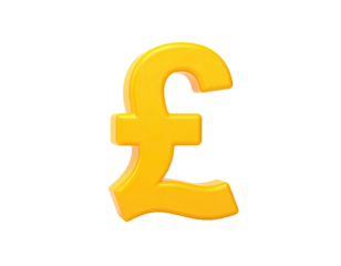 A glossy, golden, three-dimensional Pound sign floats isolated on a black background