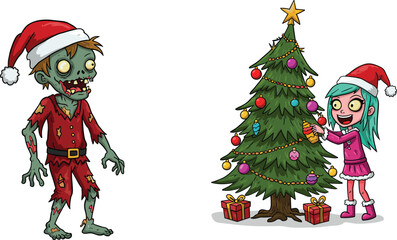 Cartoon zombie Santa with cheerful girl decorating Christmas tree, funny horror holiday scene vector illustration for kids, humor, and seasonal content