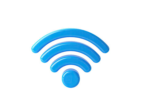 Glossy, blue, stylized 3D representation of a wireless signal symbol on black