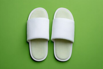 Elegant white spa slippers on vibrant green background representing relaxation and comfortable footwear for leisure.