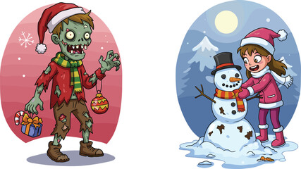 Cartoon zombie Santa with ornament and candy cane beside cheerful child building snowman, festive horror winter scene vector illustration for holiday content
