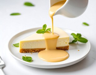Creamy cheesecake slice drizzled with a light beige sauce. Fresh mint leaves garnish the plate