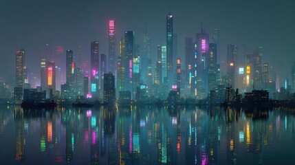 Fototapeta premium Futuristic cityscape with towering buildings, vibrant neon lights reflecting on the calm water, creating a captivating, modern urban scene.