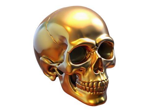 Shinny Gold Human Skull Model Angled View on Transparent Background