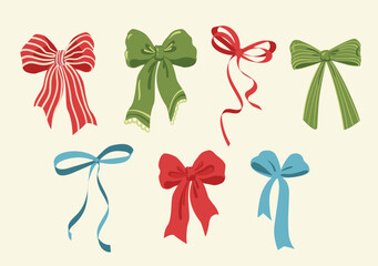 Set of various bows, gift ribbons. Bowknots hand drawn . Fashionable vector illustration. Hair accessories. Bow knots for gift wrapping. Gift bows, magic bow illustration. Celebration, party