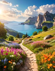 Colorful path winding through vibrant flowers, leading to a scenic bay. Lush, mountain landscape. Sunlight illuminates the scene